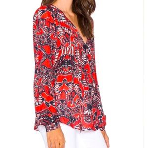 Rory Beca Red Blue Floral Print Long sleeves Tie Neck Pleasant Blouse Top Small